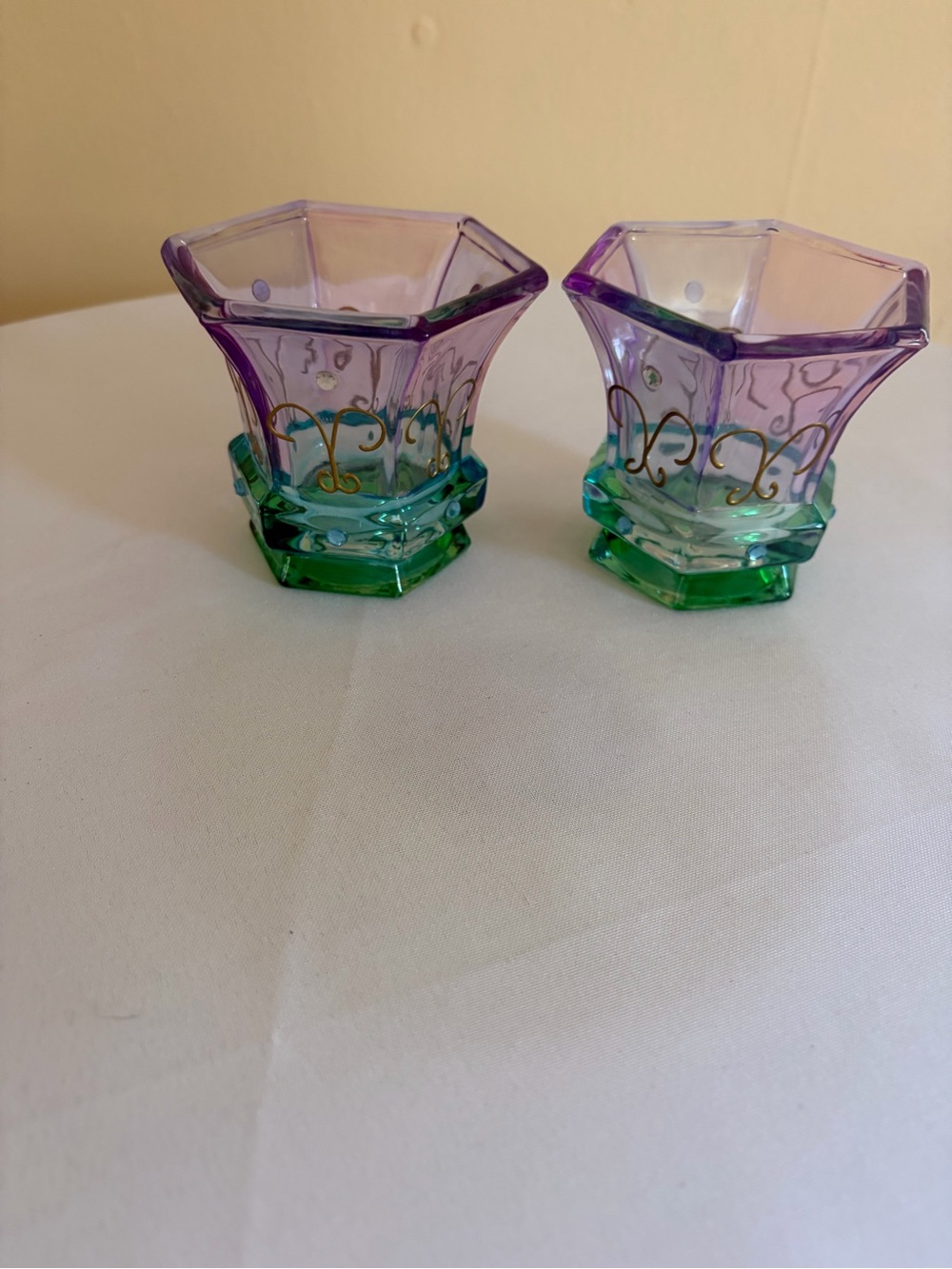 PartyLite Purple and Green Glass Votive Pair with Gold Accent